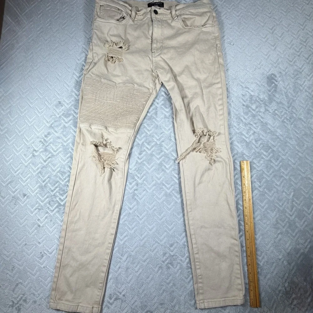 Saint Morta Men's Index Distressed Biker Jeans Sz 36x31 Moto Ripped Beige Khaki